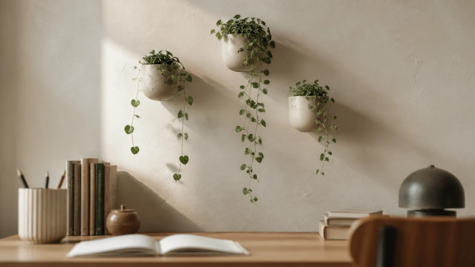 three wall pots at staggered heights with trailing green vines