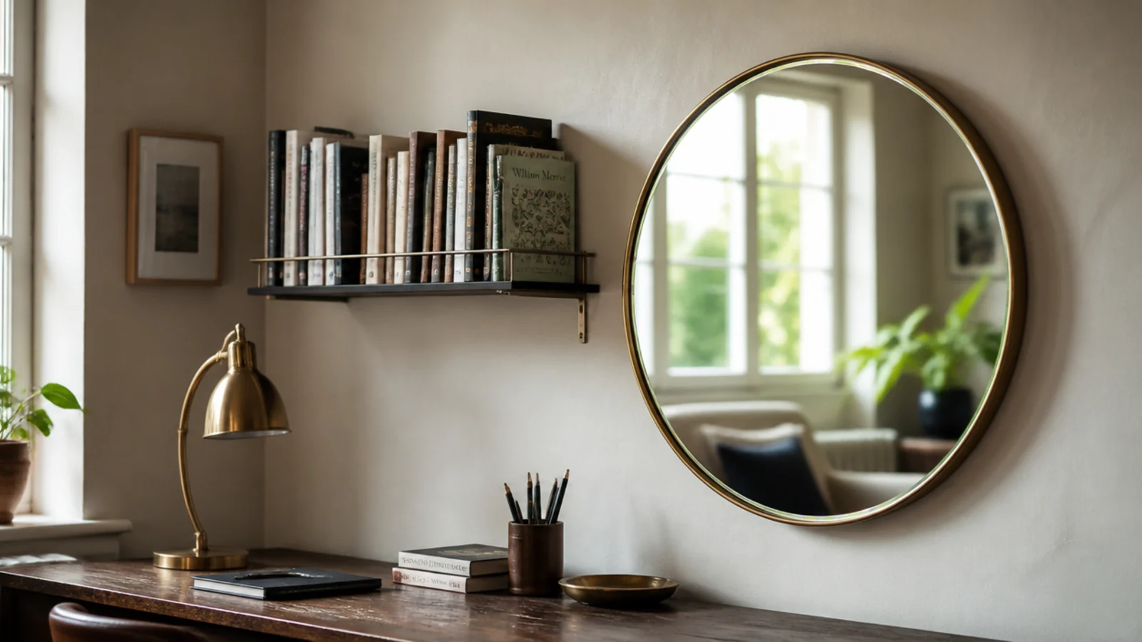 round mirror hung beside a shelf above a study desk