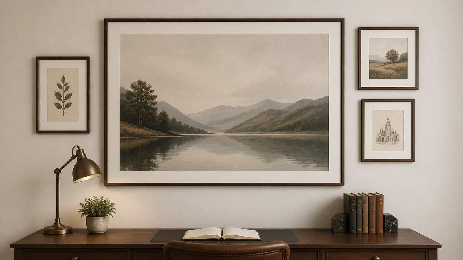large print flanked by three much smaller frames on a wall