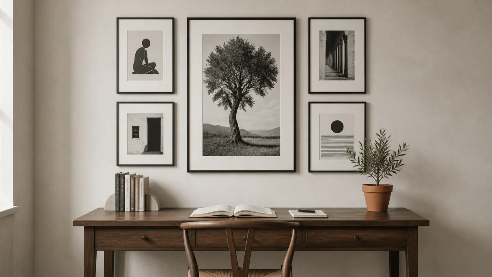 black and white prints above a desk with one warm accent object