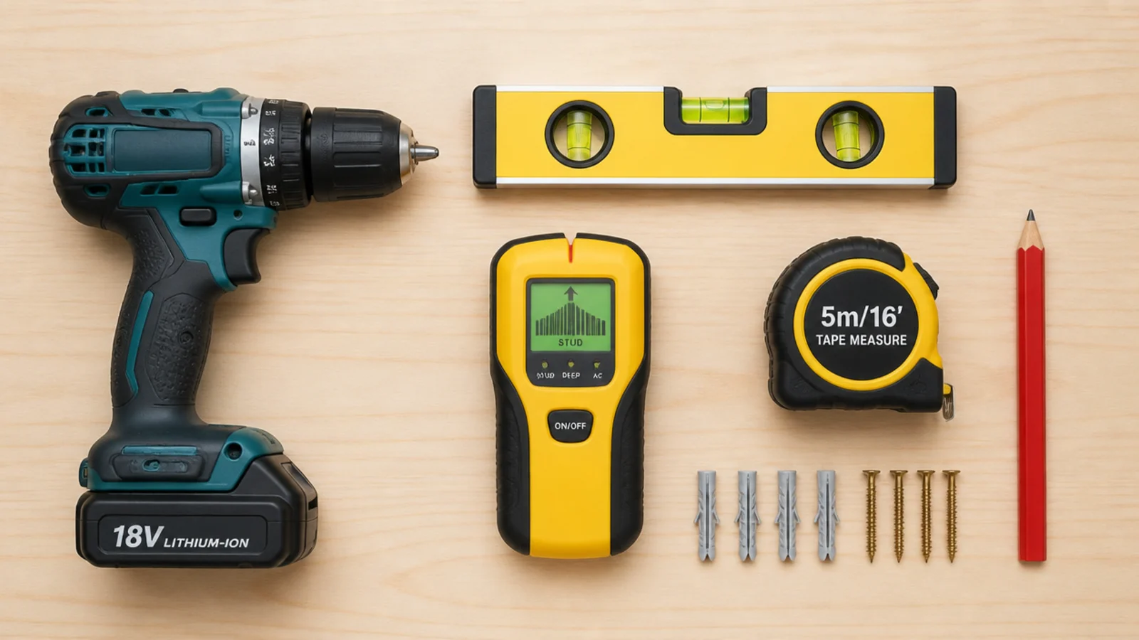 drill spirit level stud finder and pencil laid out on a desk