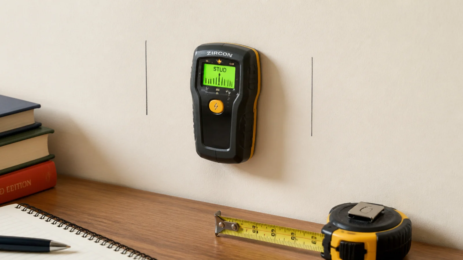 stud finder held against a wall with two pencil marks beside it