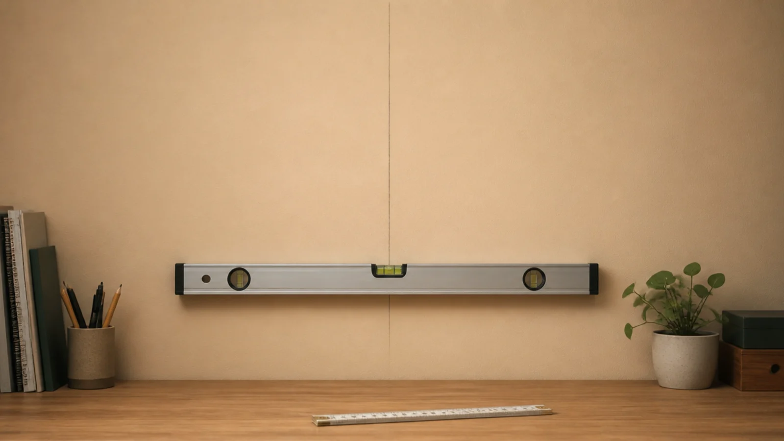 faint vertical pencil line running up a wall from a desk middle