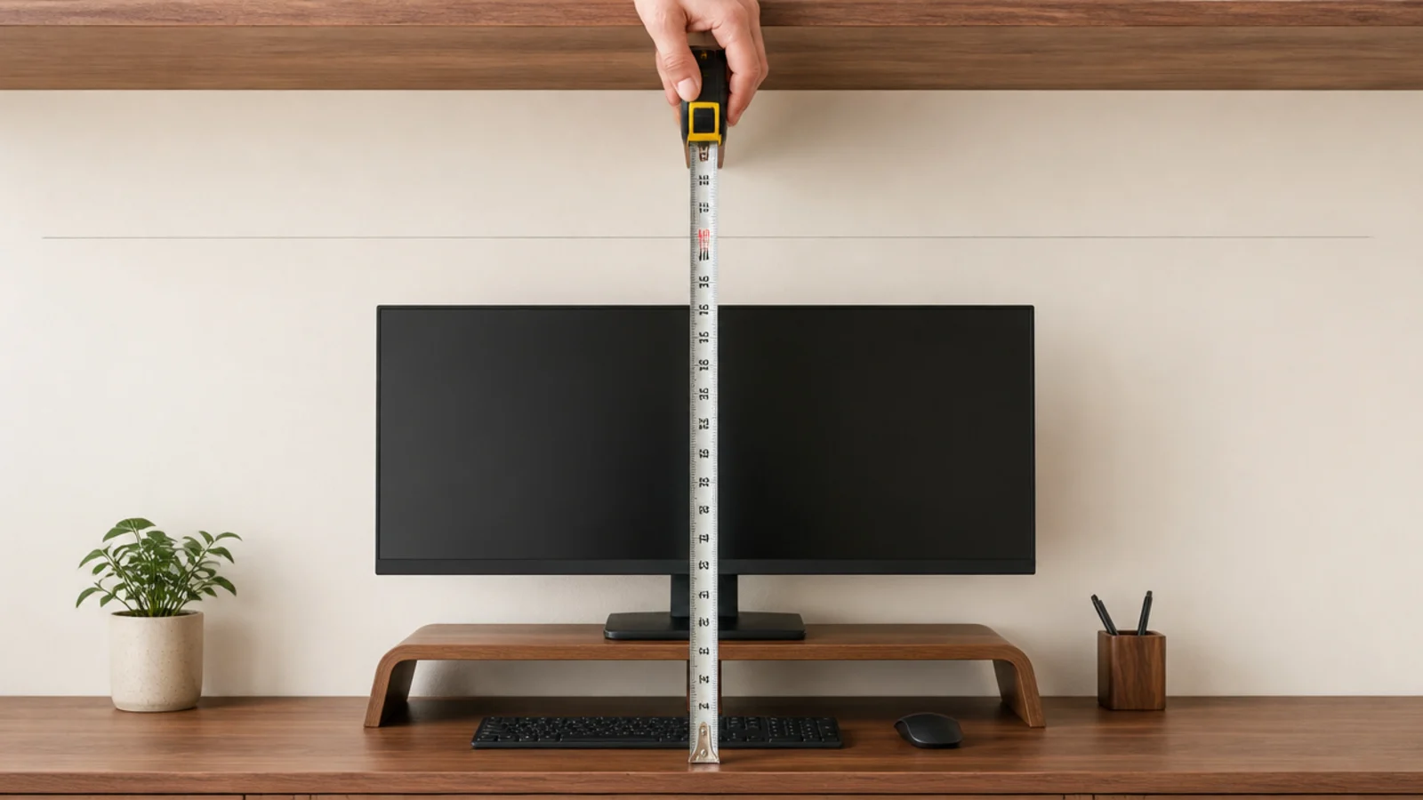 tape measure showing shelf height from a desk top upward