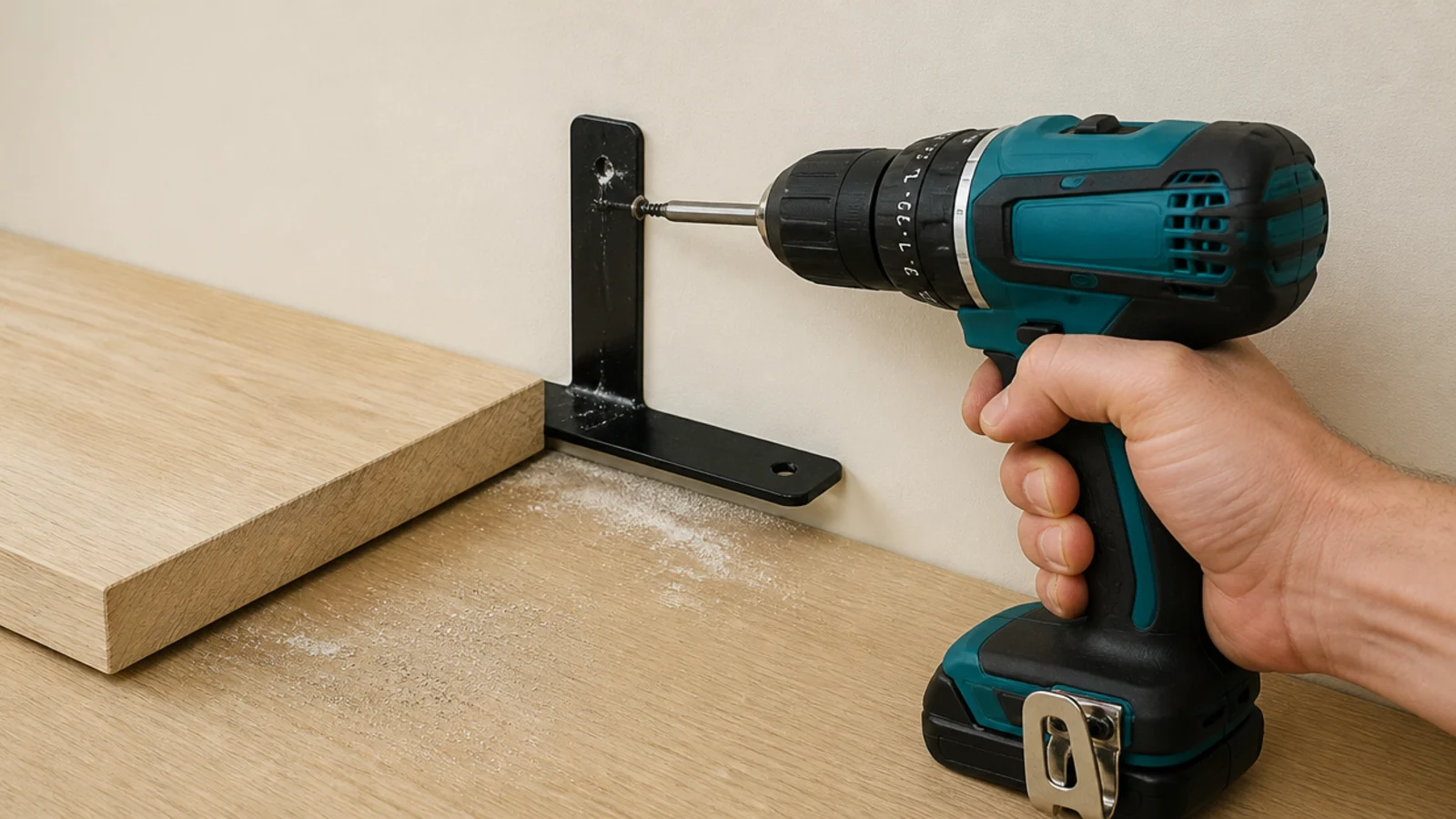 timber shelf being screwed to a wall bracket above a study desk