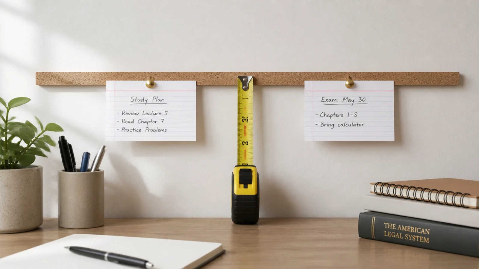 narrow cork strip fixed low on the wall above a desk surface