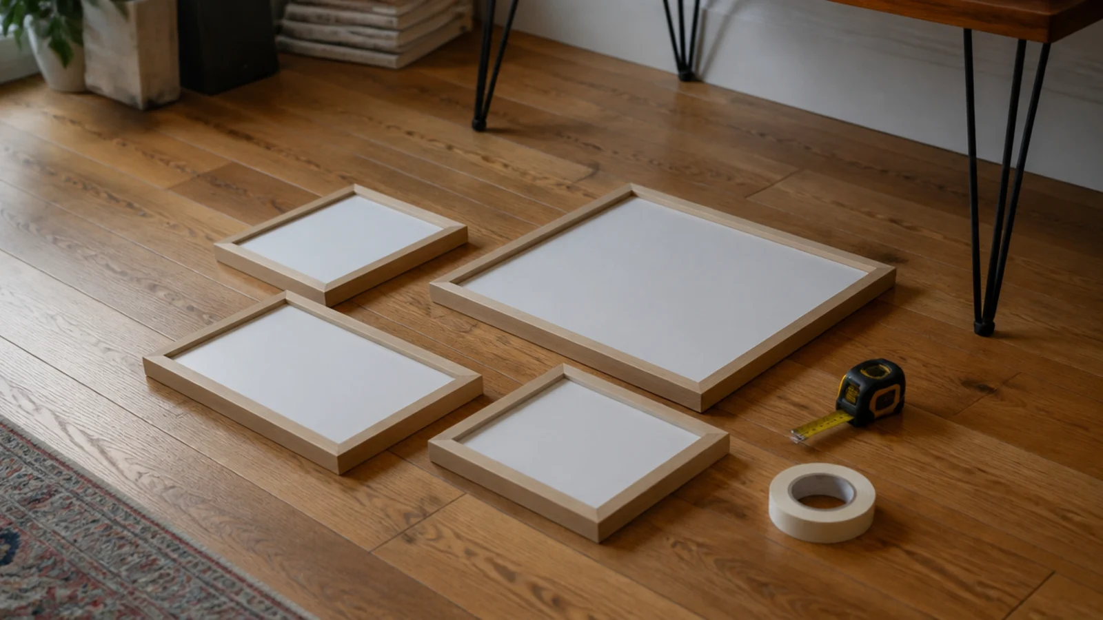 four picture frames arranged on floorboards before being hung