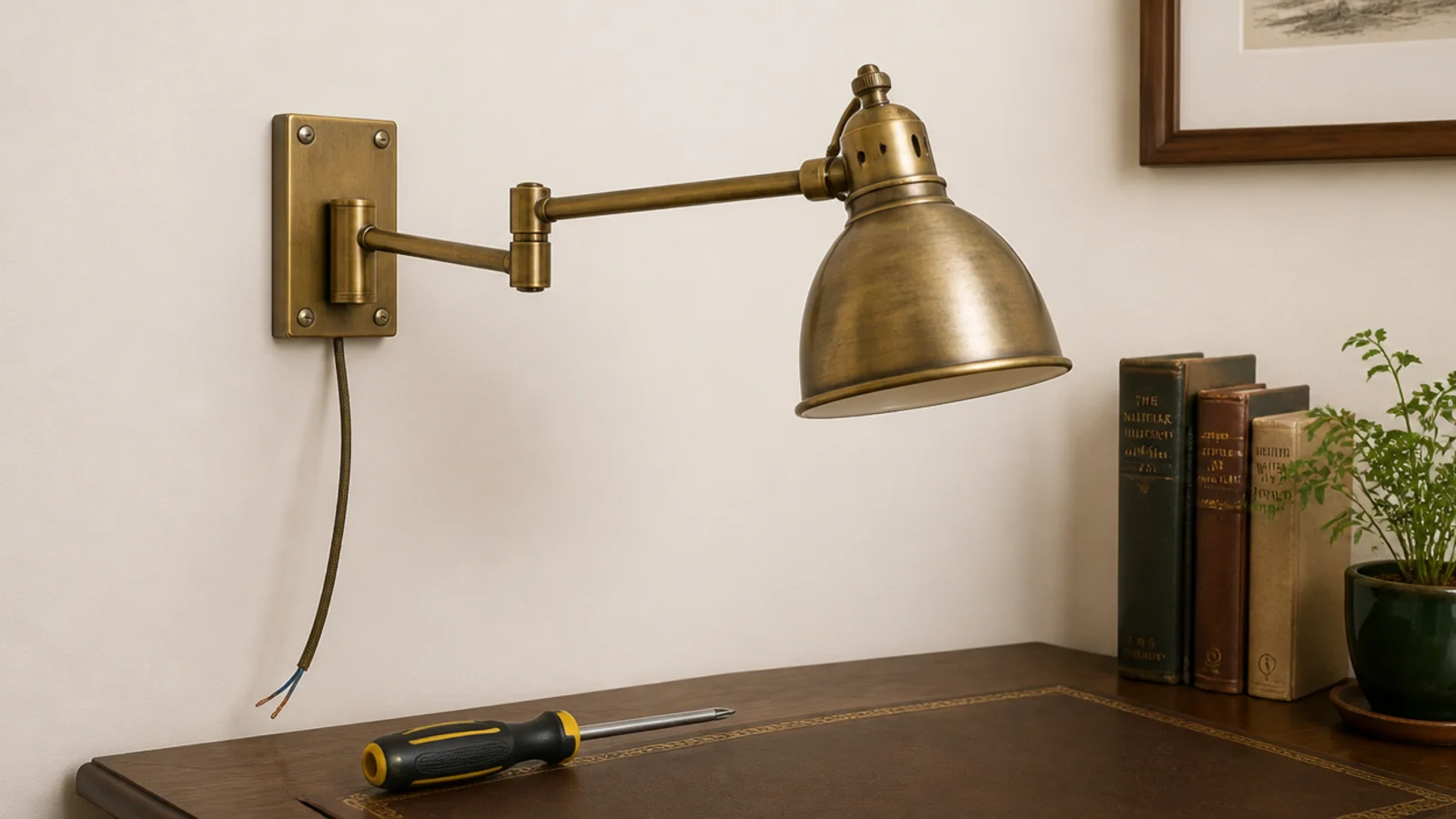 brass wall lamp being fixed above the left side of a desk