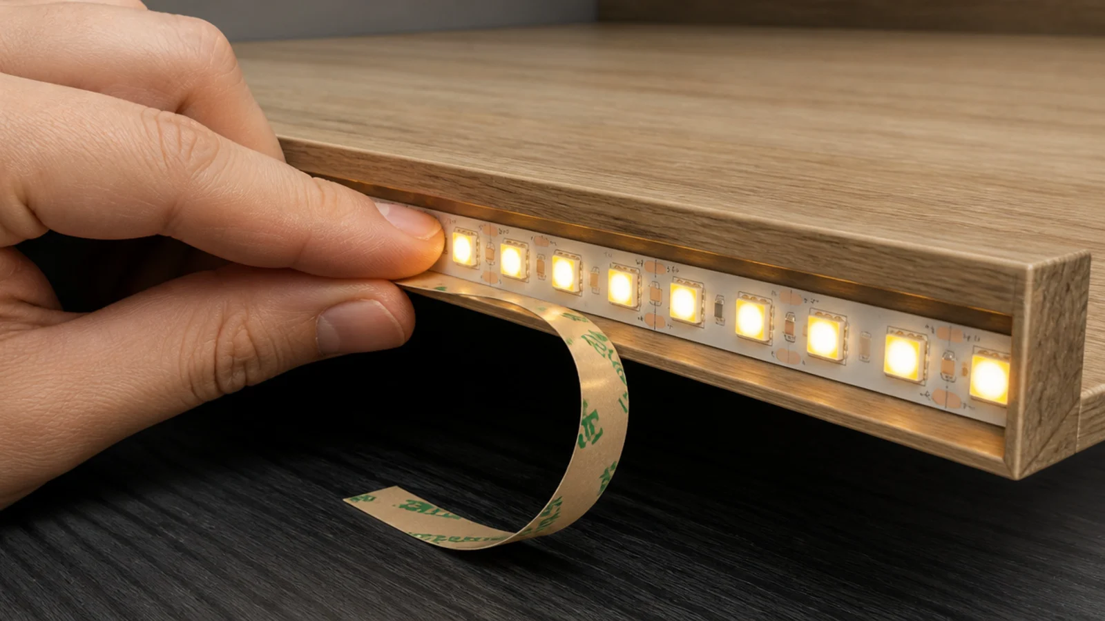 LED strip being pressed behind the front lip of a shelf