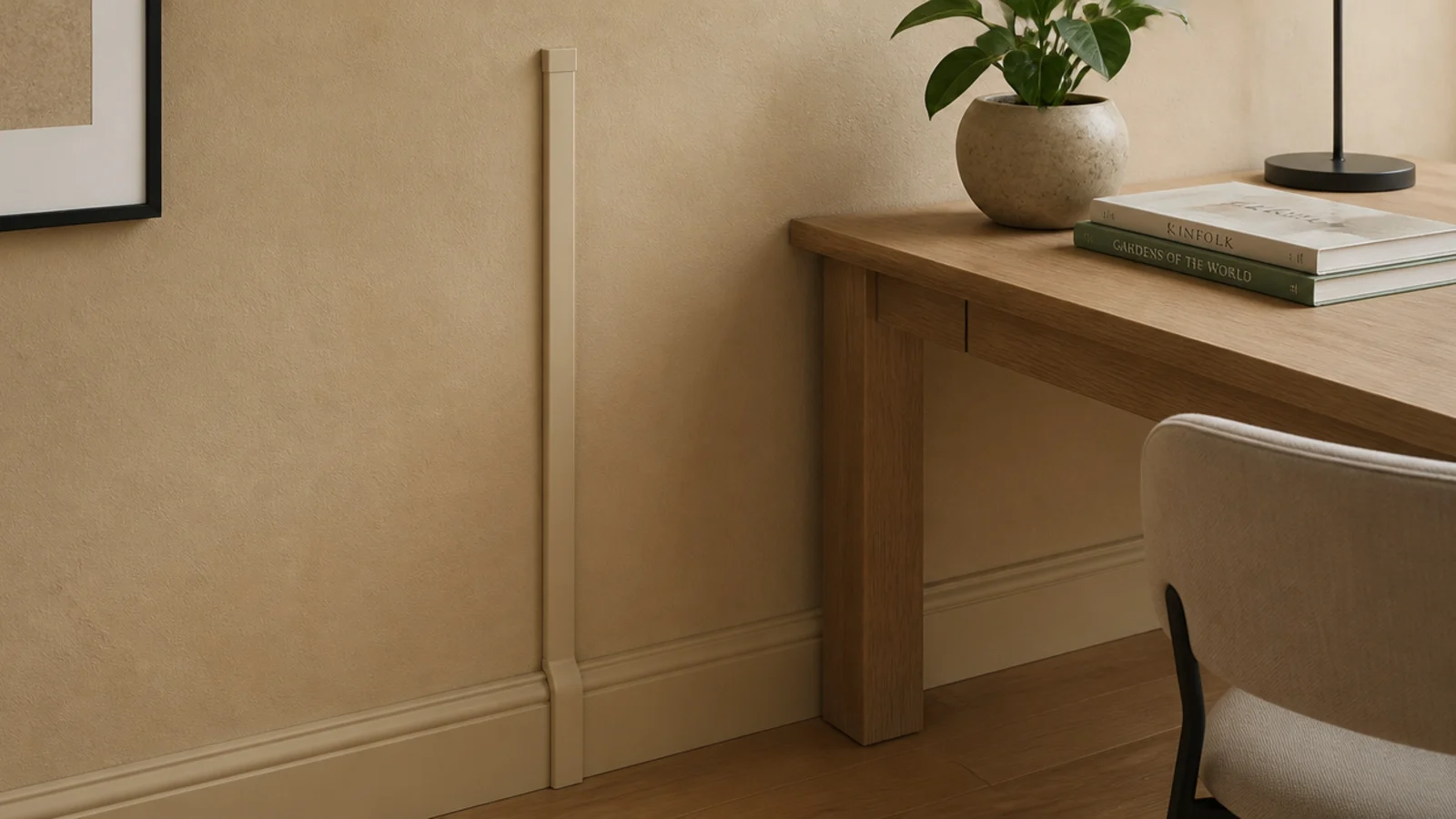 slim cable channel painted the wall colour running down beside desk