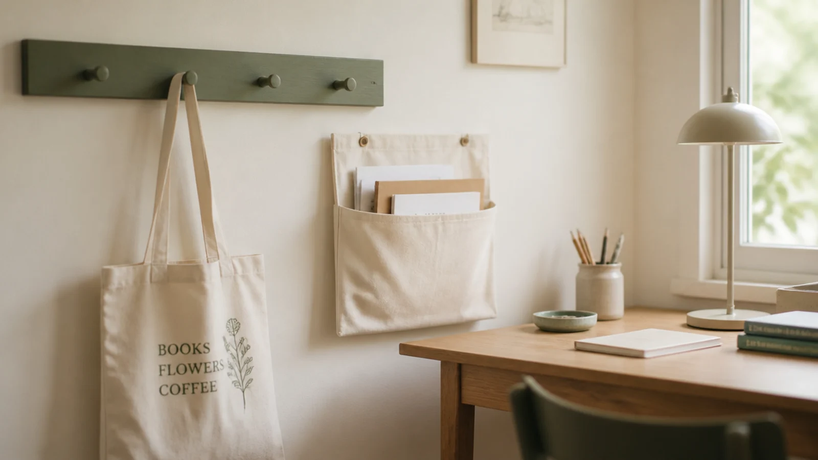 peg rail and canvas wall pocket fixed beside a study desk