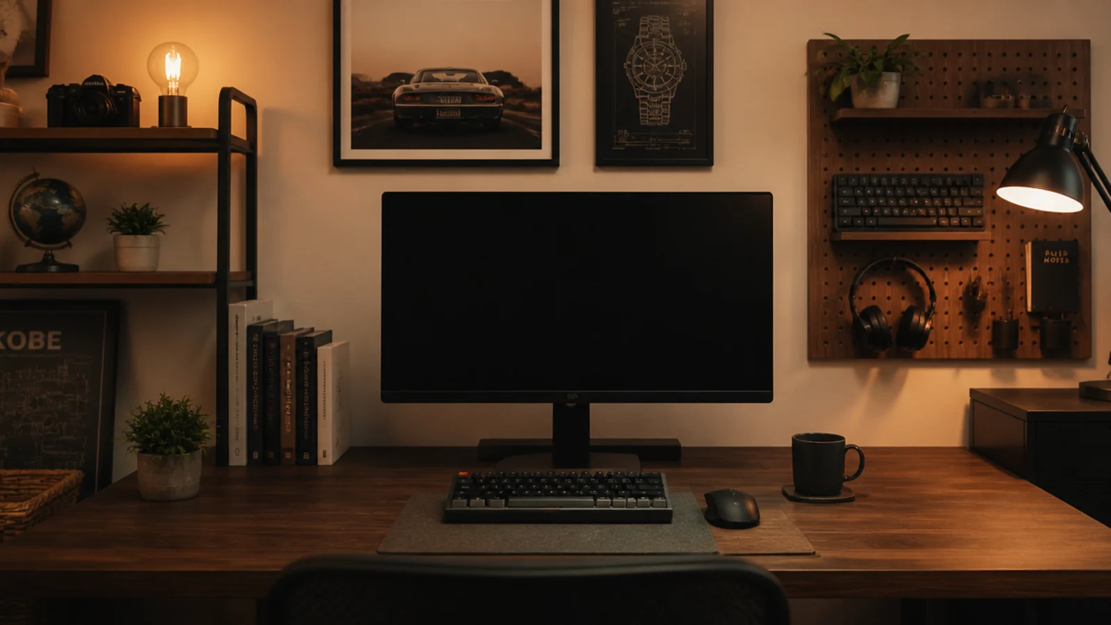 seated view of a finished study wall with a dark clear monitor