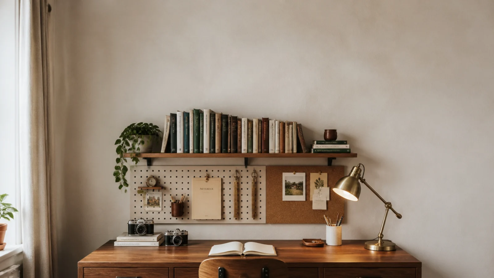 tall styled study desk wall with shelf pegboard cork strip and lamp
