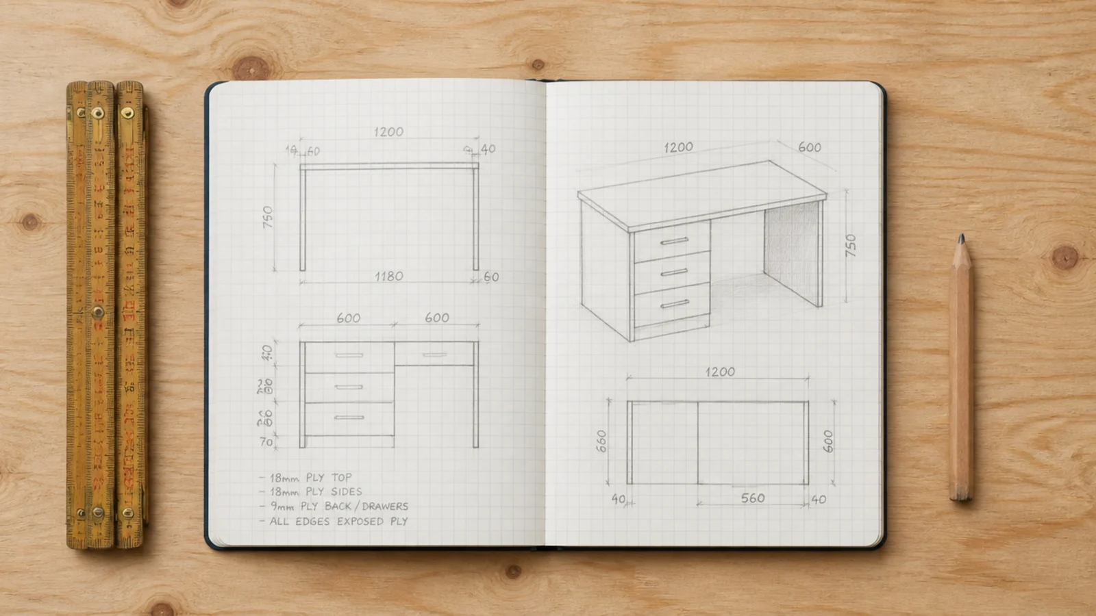 notebook of pencilled desk measurements beside a folding rule