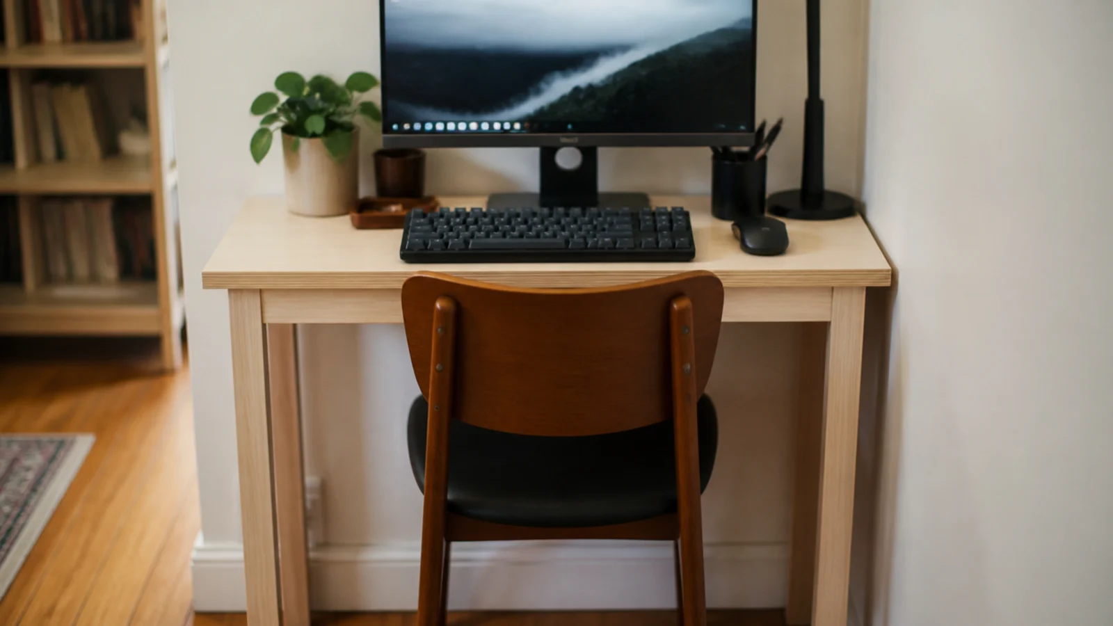 narrow plywood desk top with a monitor pushed hard against wall