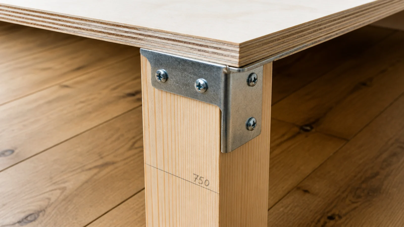 square pine desk leg bolted under a plywood top with brackets
