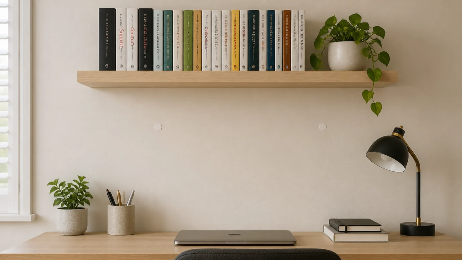 filled and repainted screw holes below a rehung study wall shelf