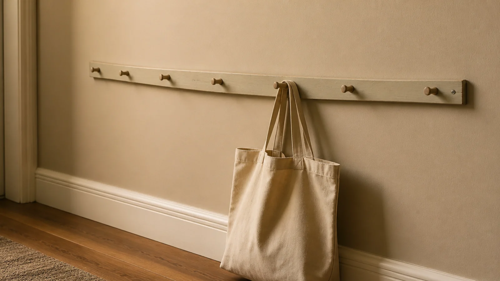 thin wooden peg rail bowing slightly under a loaded canvas bag