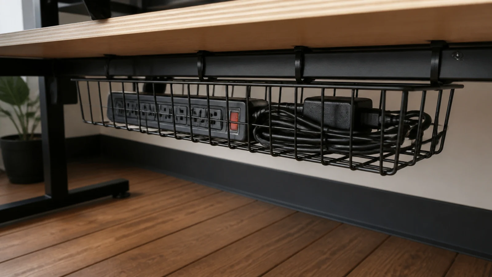 wire basket zip tied under a desk holding a power strip neatly