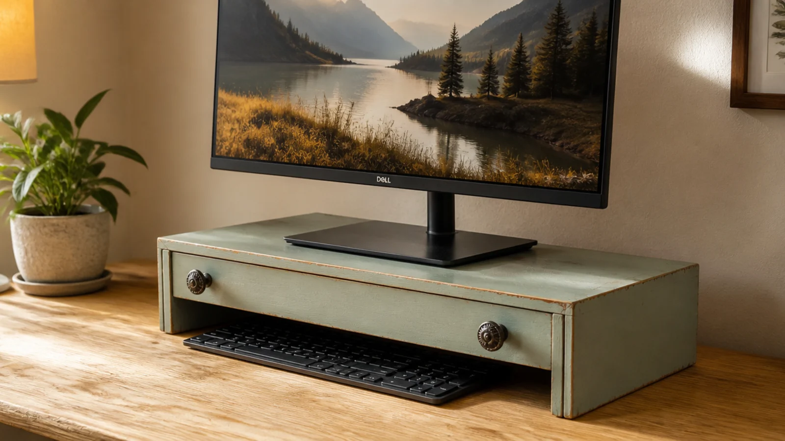 shallow salvaged drawer upturned as a monitor riser on a desk