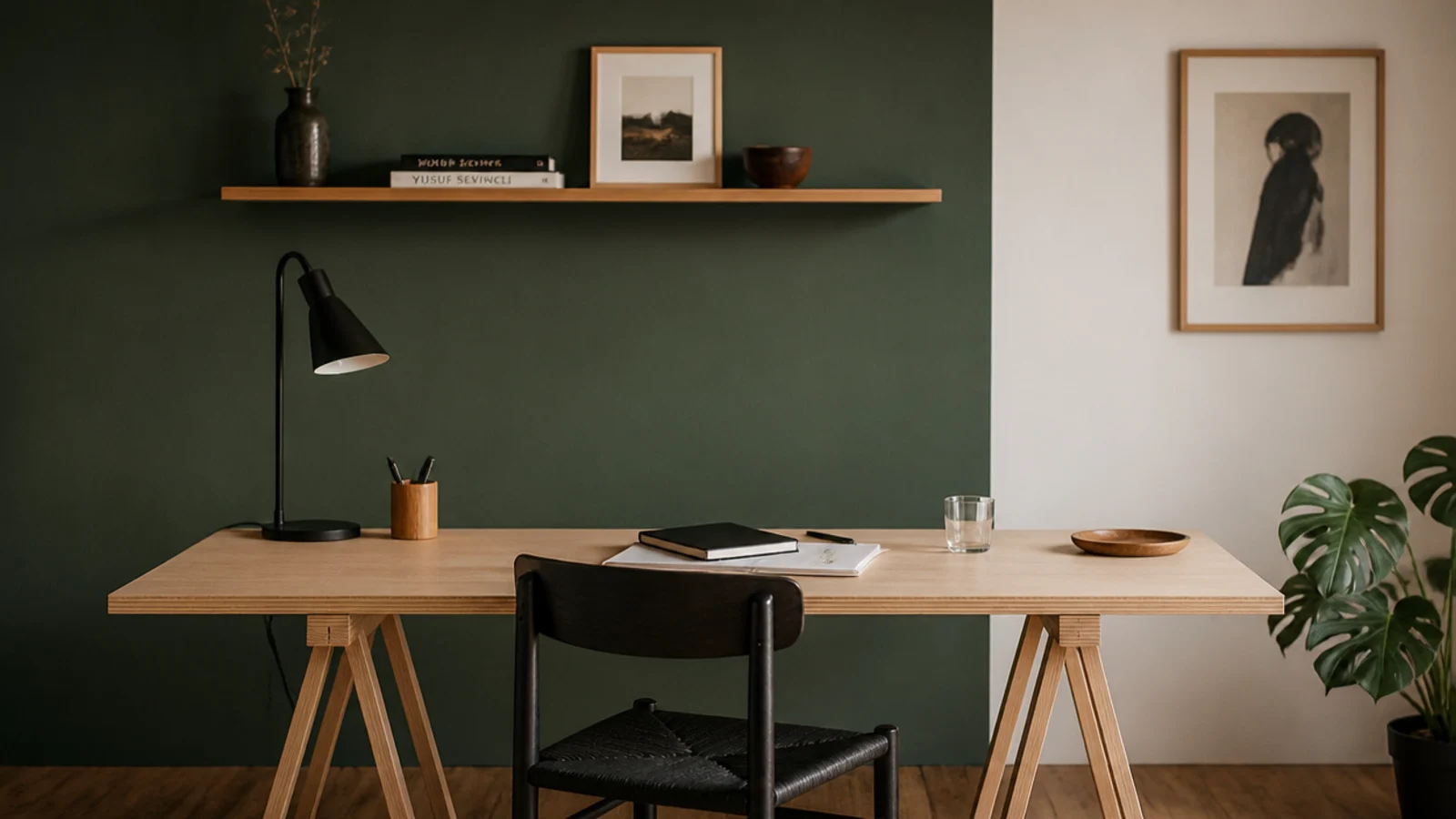 deep green painted panel behind a homemade desk and shelf