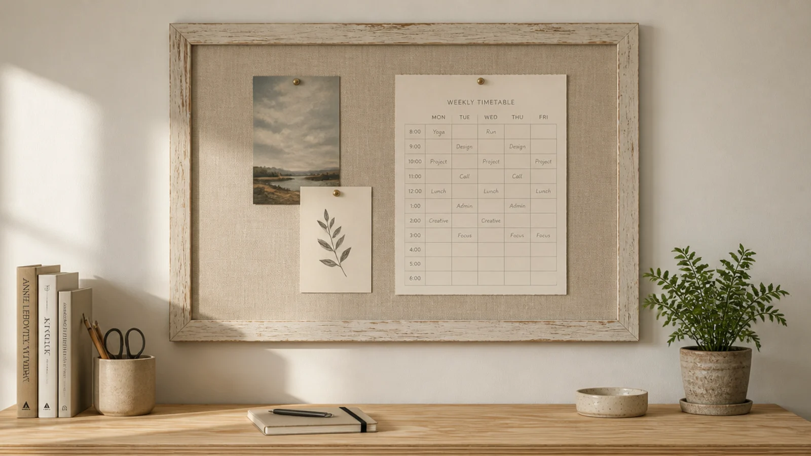 old wooden frame holding a linen covered cork board with notes