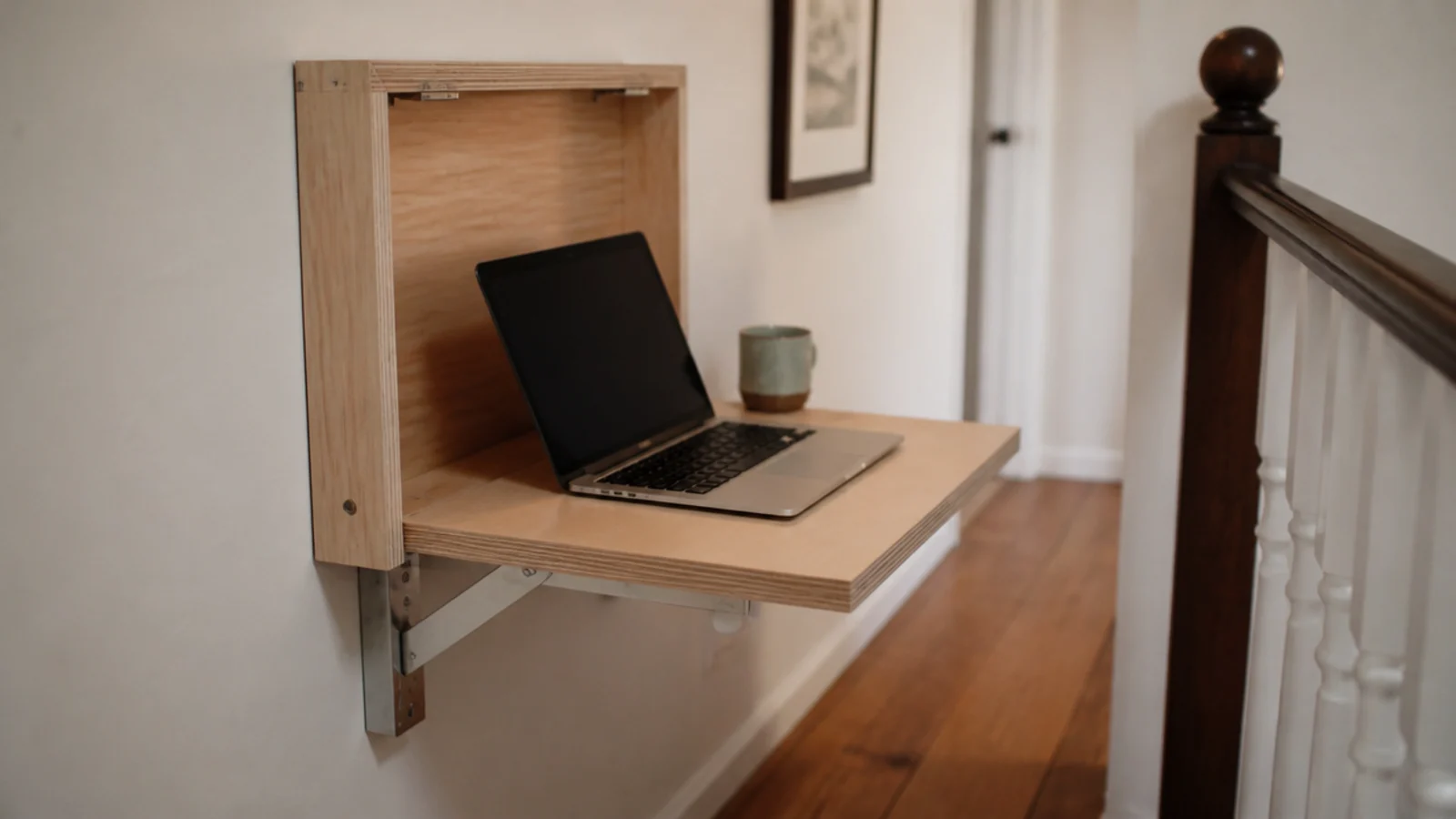 hinged plywood leaf lowered from a landing wall as a desk