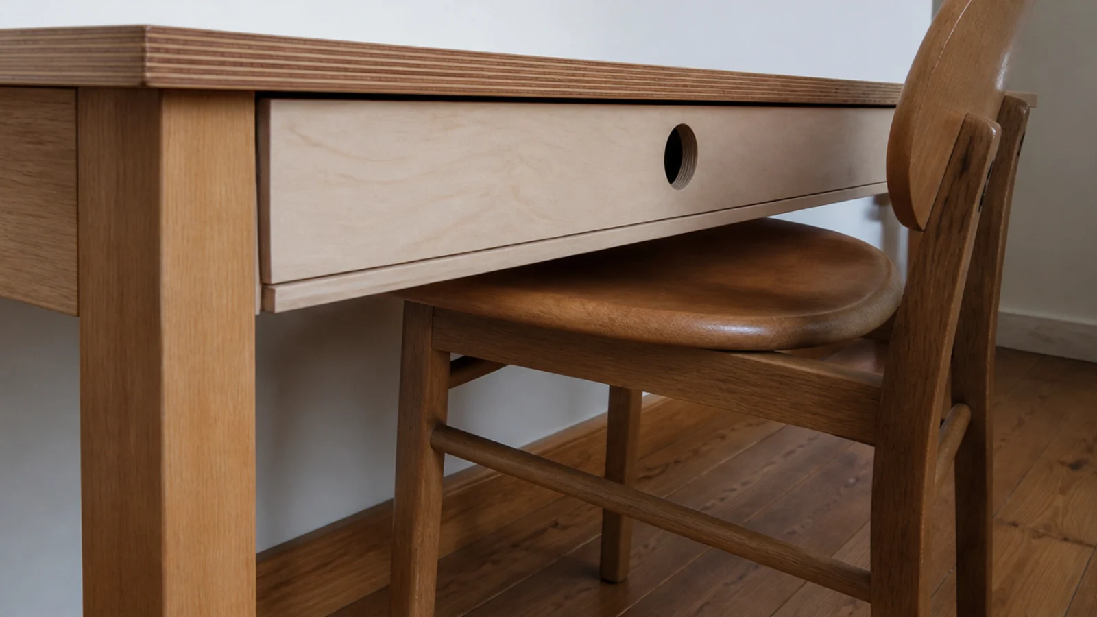 deep under desk drawer sitting low above a study chair seat