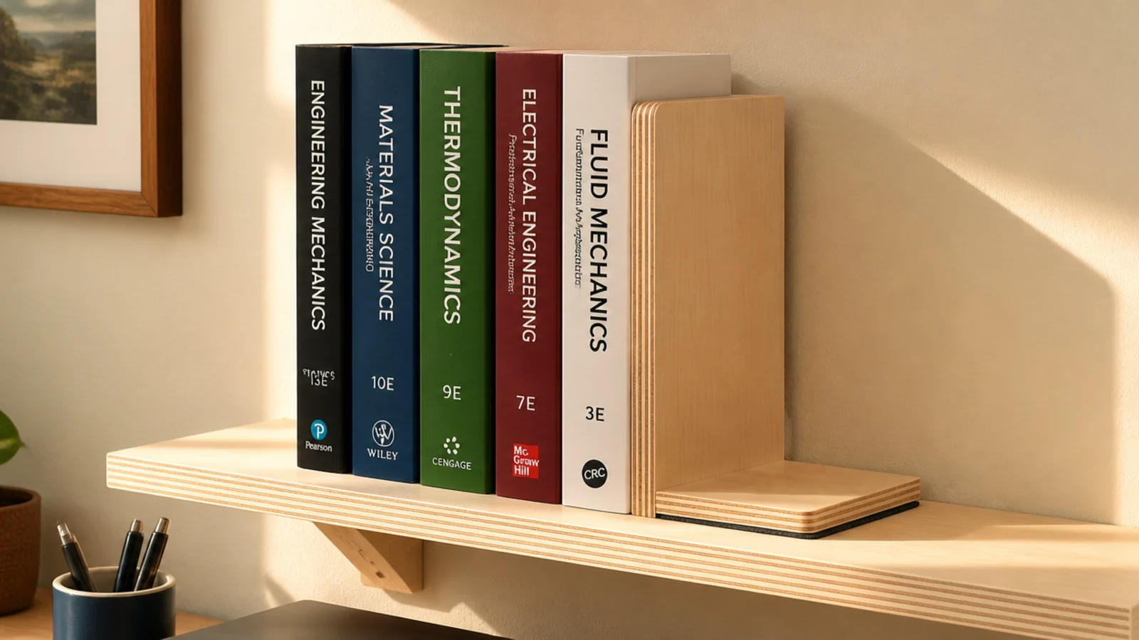 plywood bookend holding textbooks upright on a homemade shelf