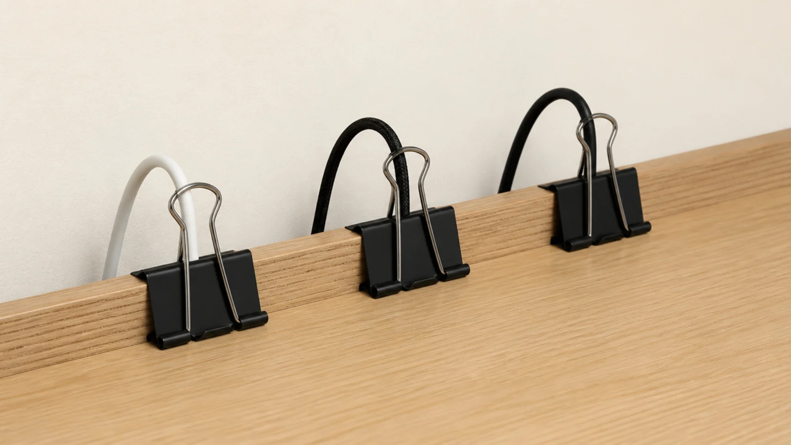 row of binder clips along a desk edge holding three cables