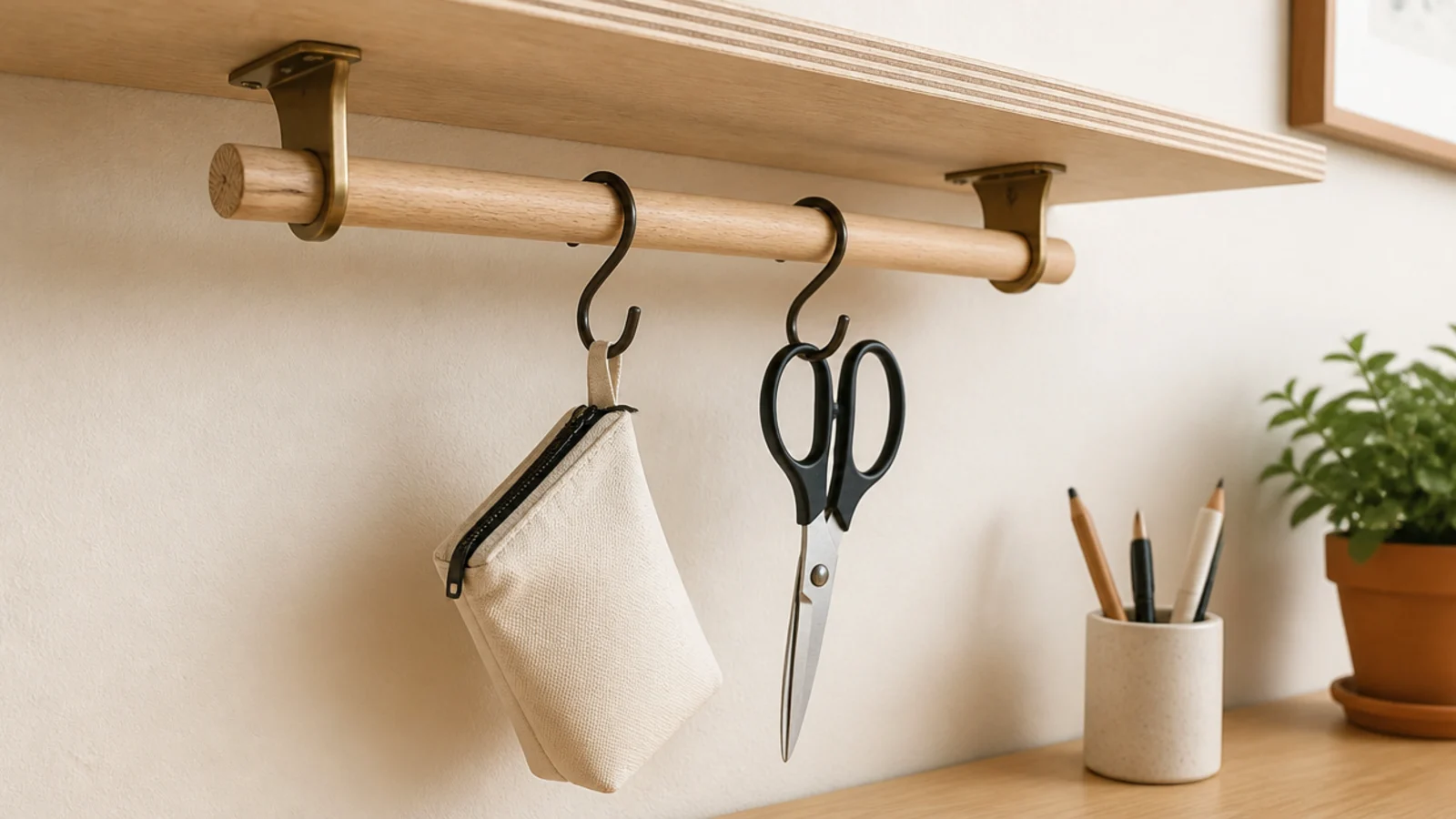 beech dowel under a homemade shelf carrying hooks and a pouch