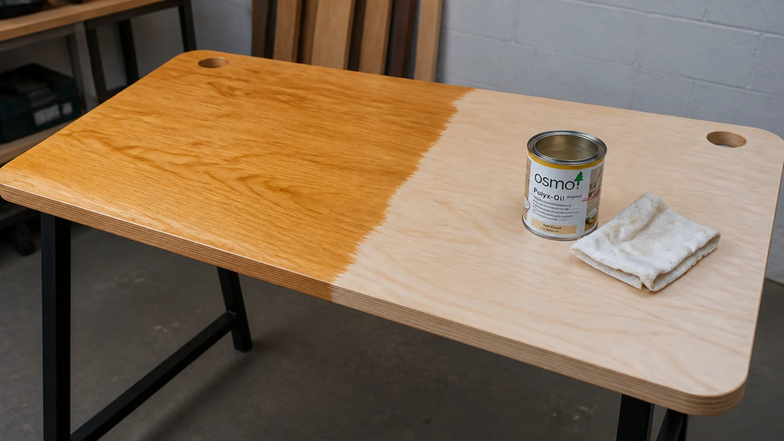 half oiled plywood desk showing the colour difference across it