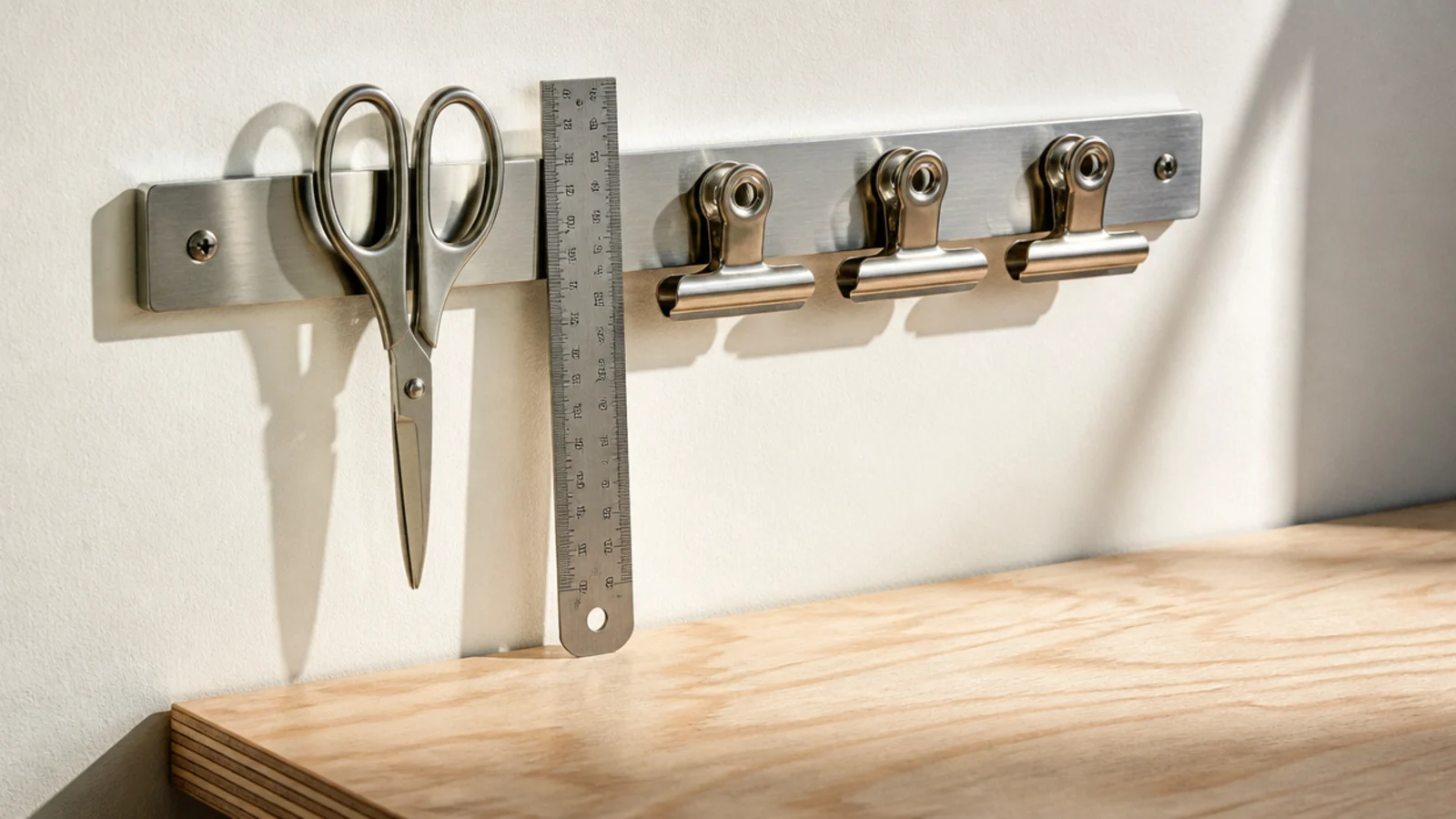 steel magnetic strip on the wall holding scissors and small tools
