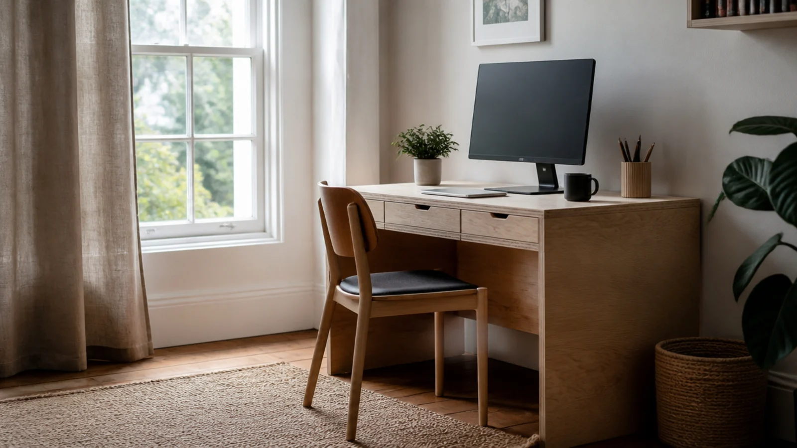 homemade desk turned sideways to a window with no screen glare