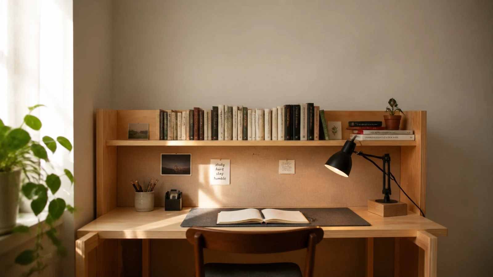 tall DIY study table view with plywood top shelf lamp and pinboard