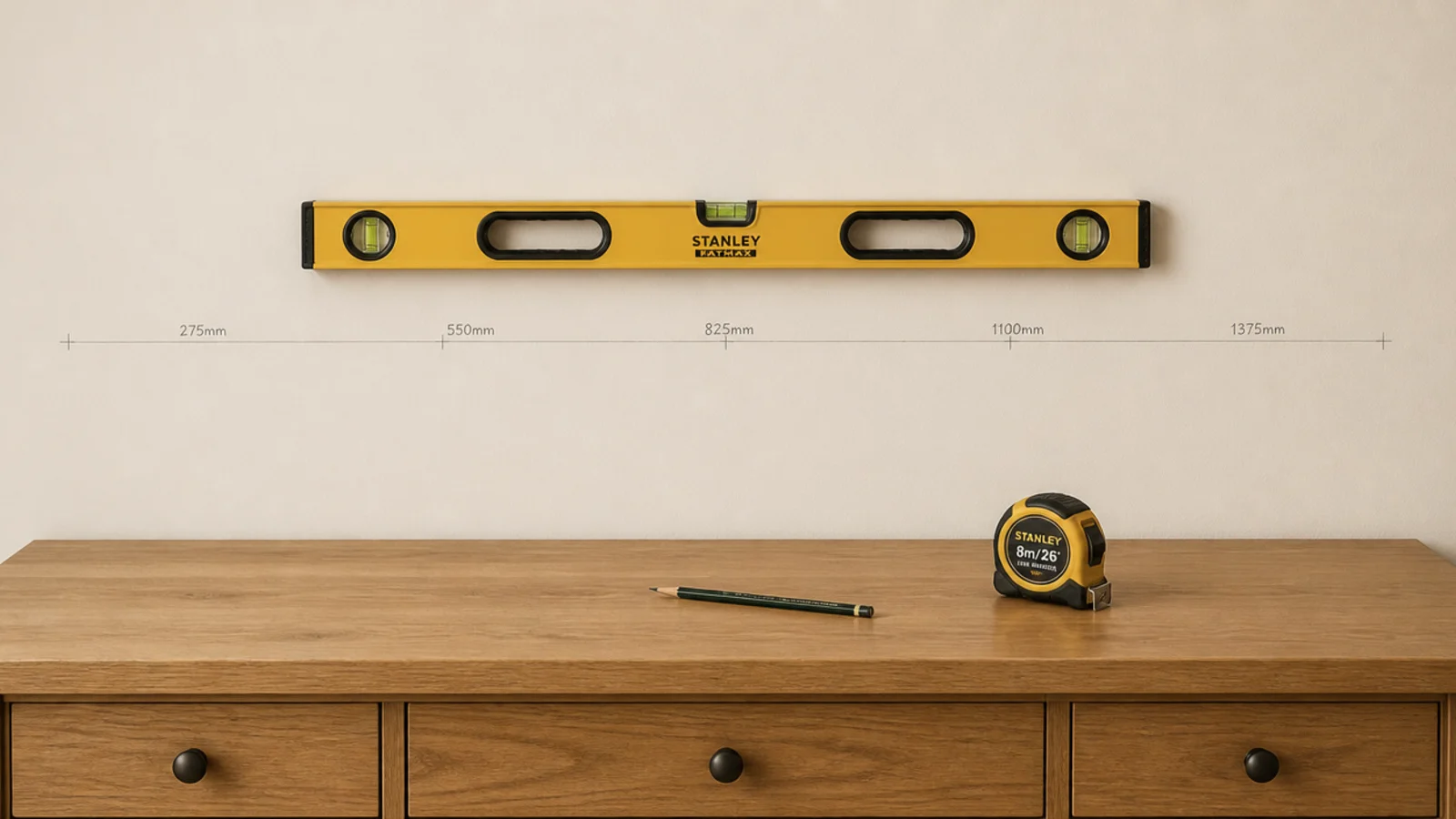 pencil marks and a level held on a wall above an empty desk