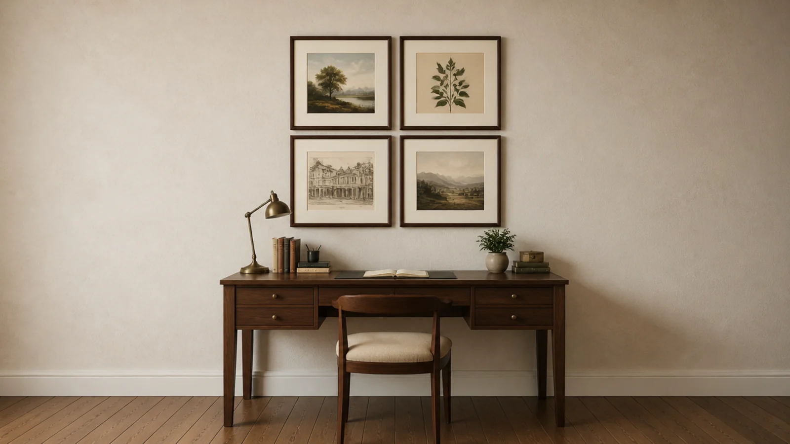 gallery arrangement aligned to the centre line of the desk below