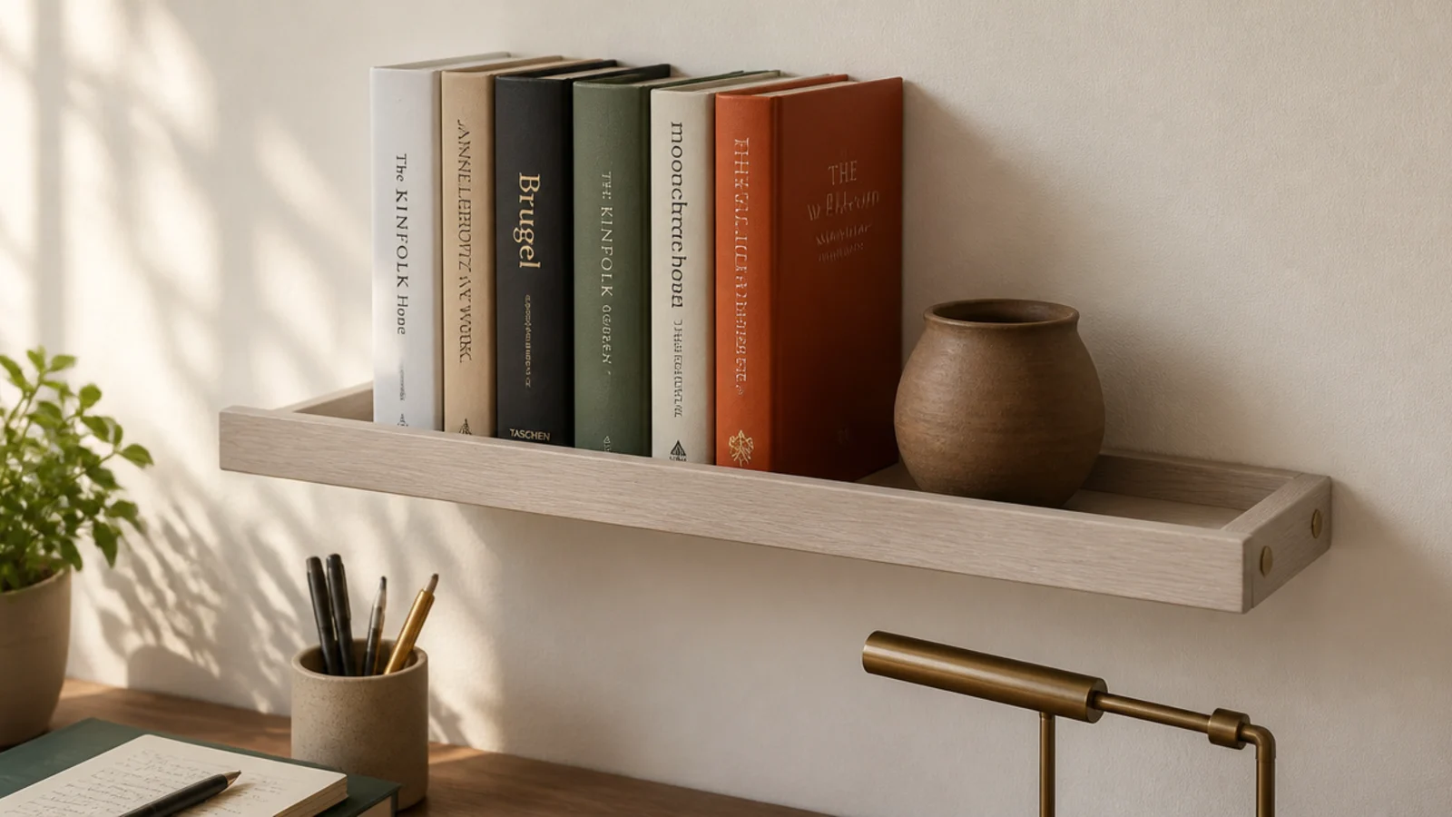 shelf with a raised front lip holding books above a study table