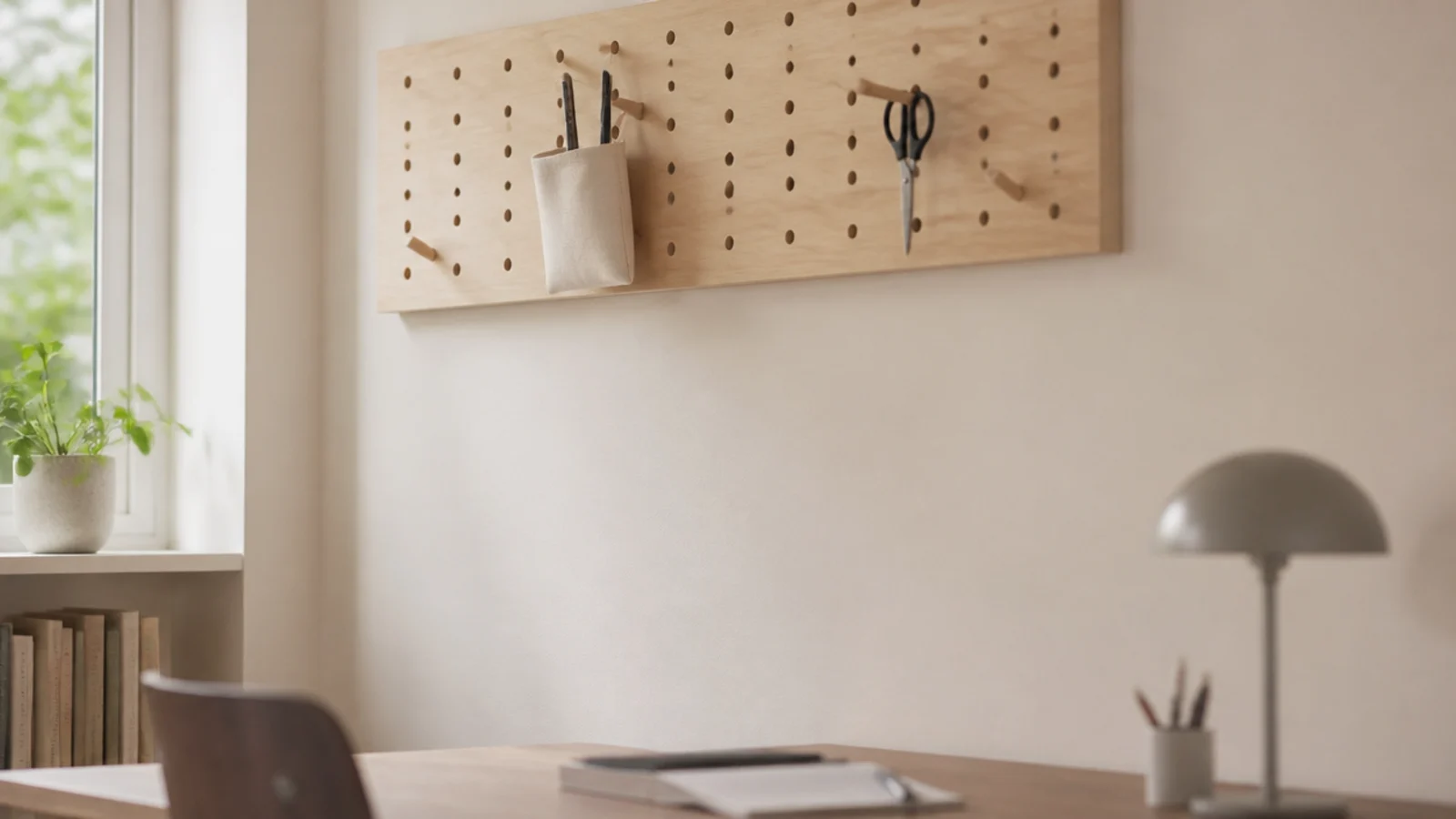 pegboard mounted high above a desk with hooks well clear of it