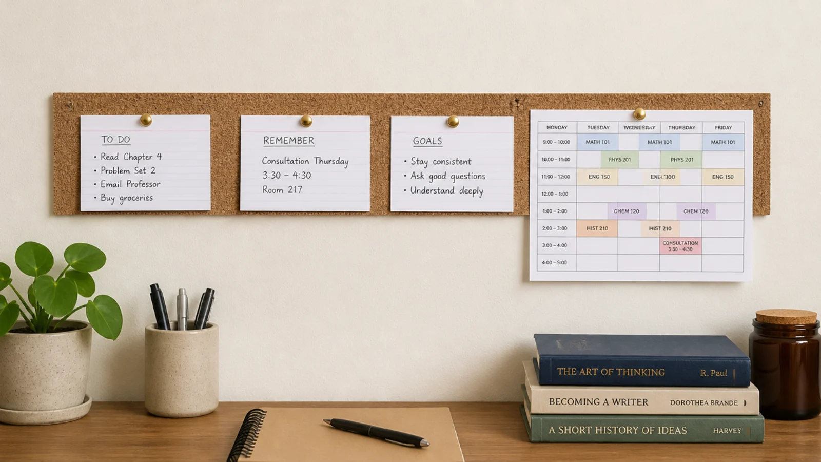 slim horizontal cork strip pinned with cards above a study table