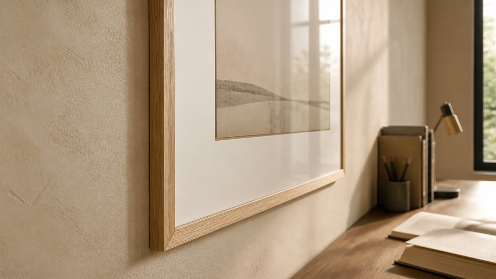 shallow profile picture frame hanging flat against a study wall