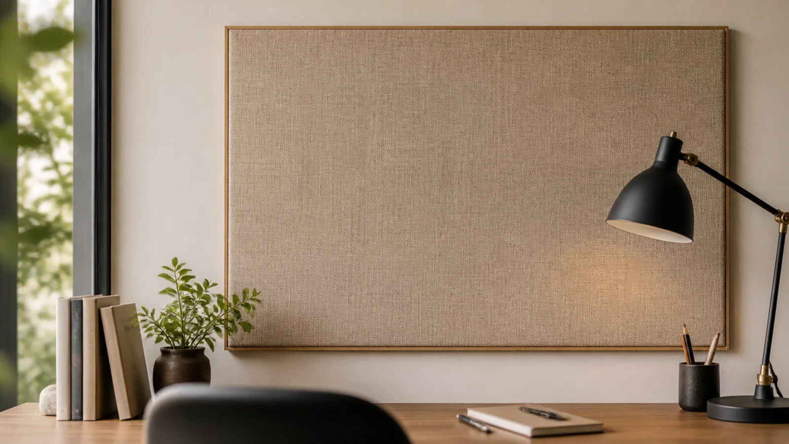 stretched linen fabric panel mounted on the wall above a desk