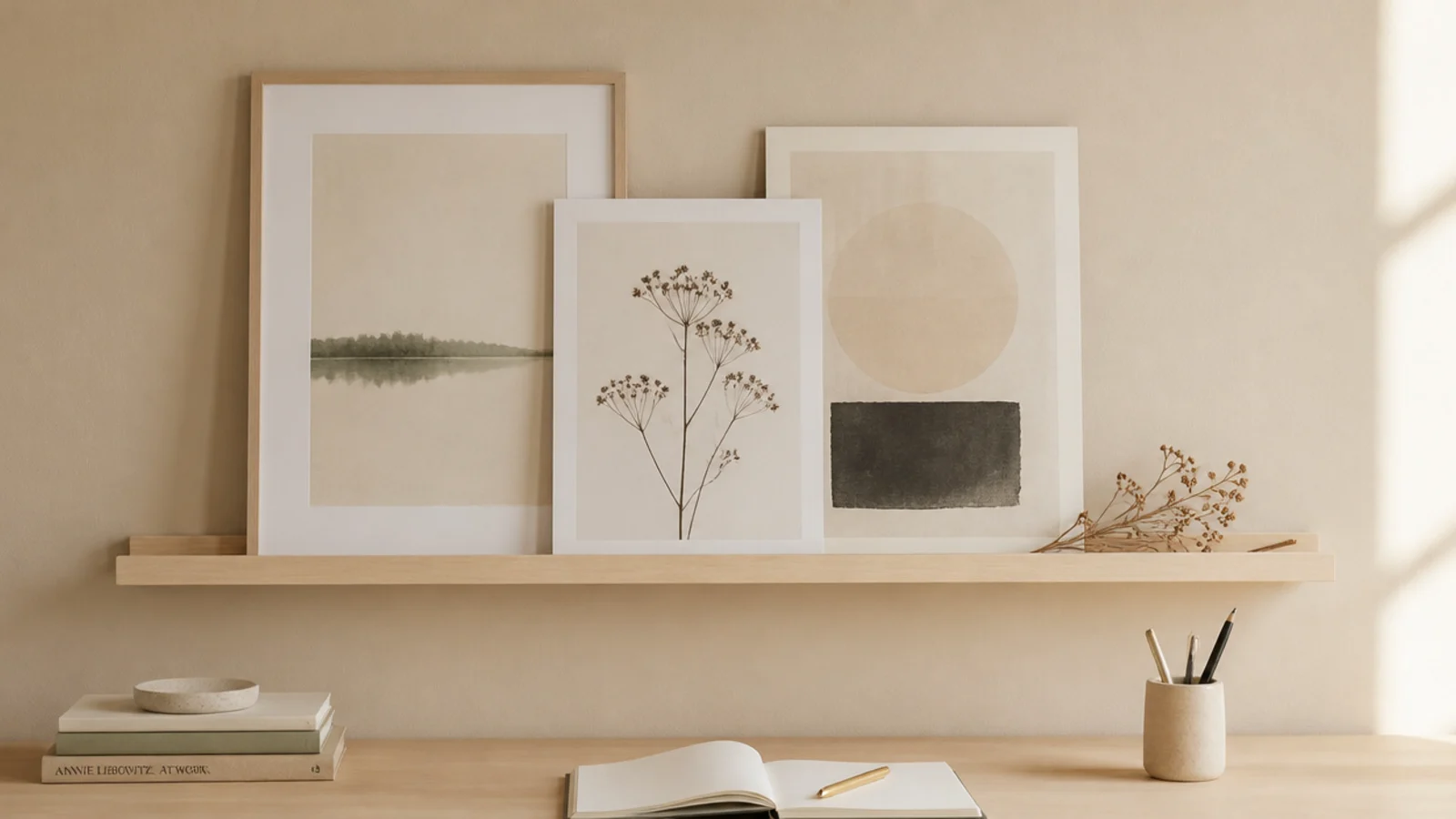 picture ledge above a desk holding leaning prints and postcards