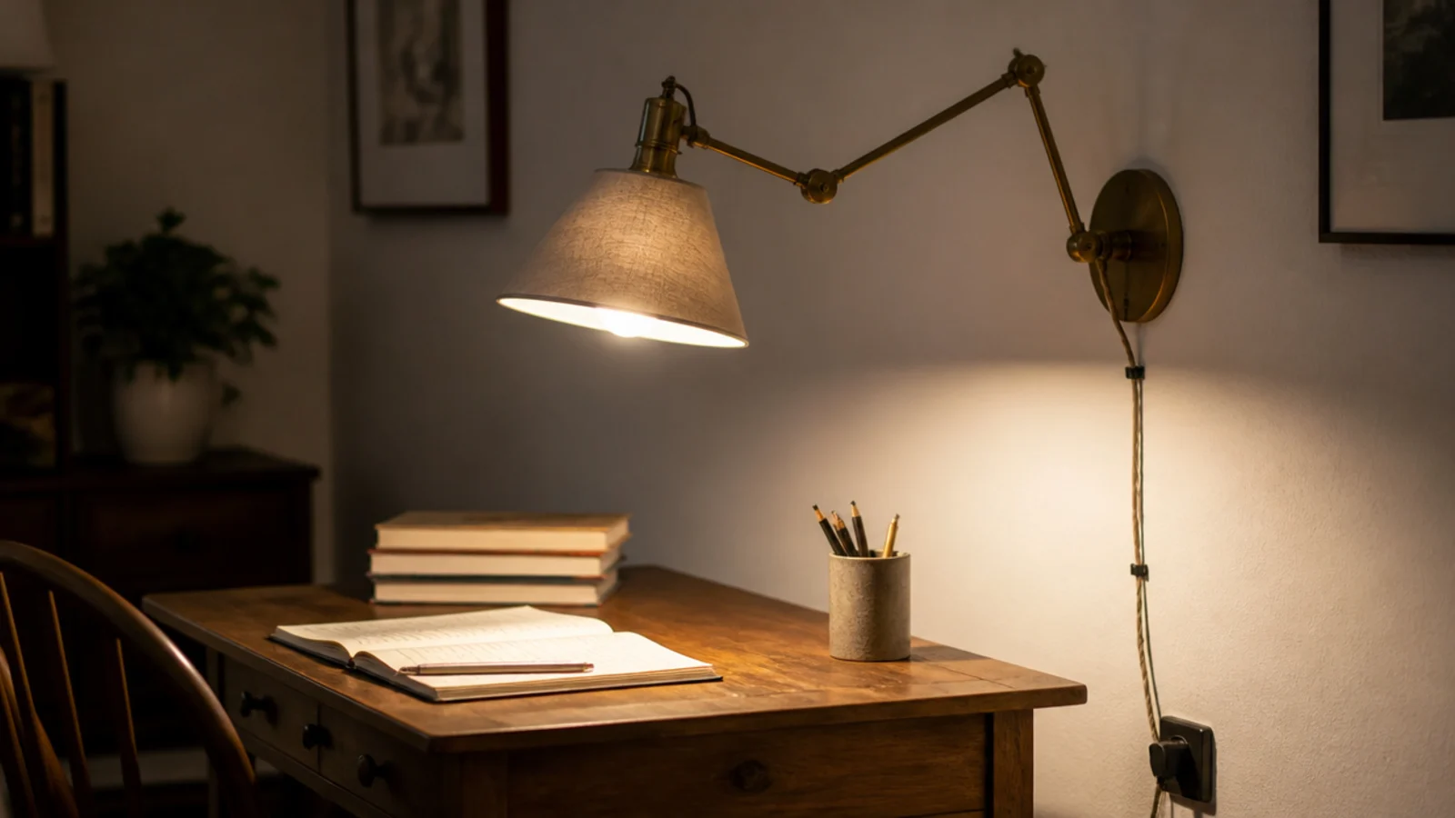 brass wall lamp fixed above a study table with cord clipped down