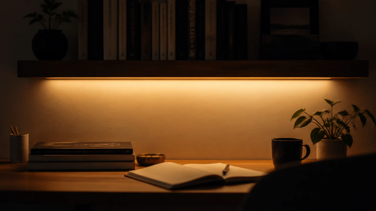 concealed strip light glowing under a shelf onto the wall below