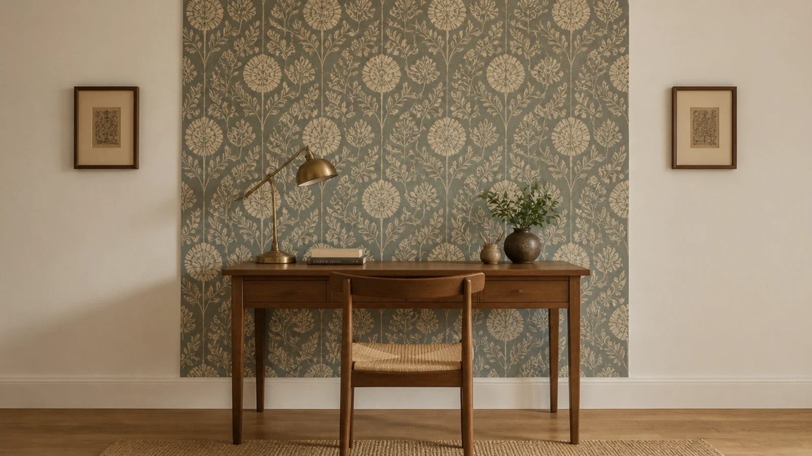 patterned wallpaper panel sized to the width of a study table