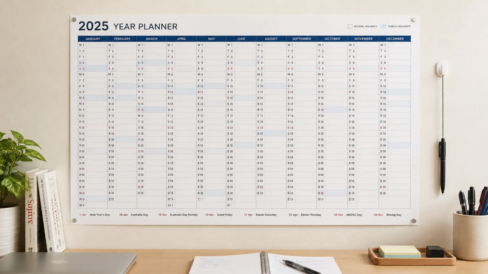 large paper wall planner hung beside a desk within arm reach
