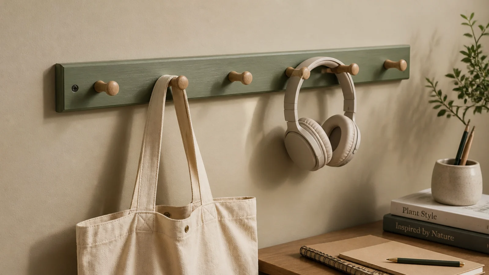 wooden peg rail above a desk holding a bag and headphones