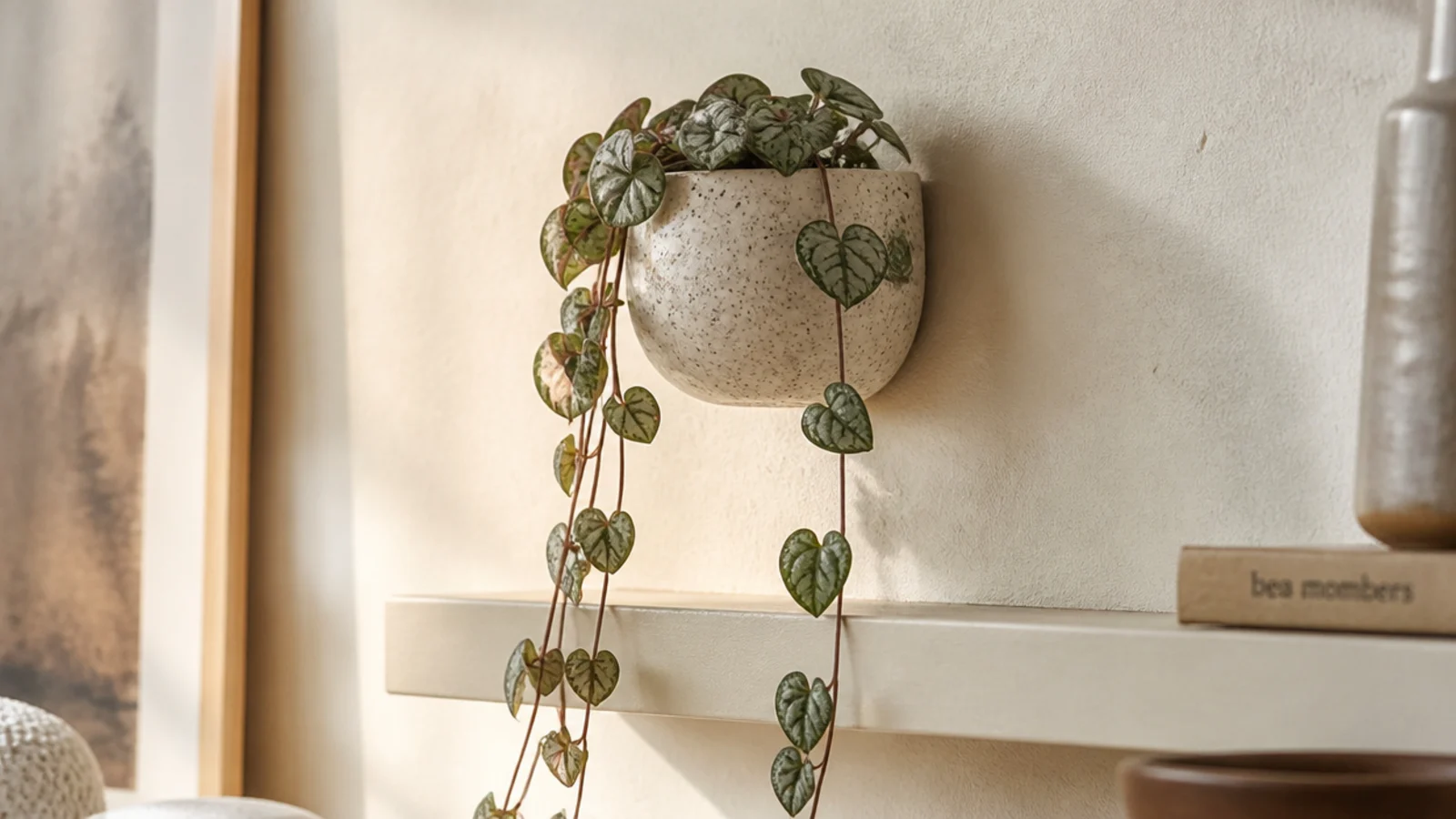 wall mounted ceramic pot with trailing plant above a study shelf