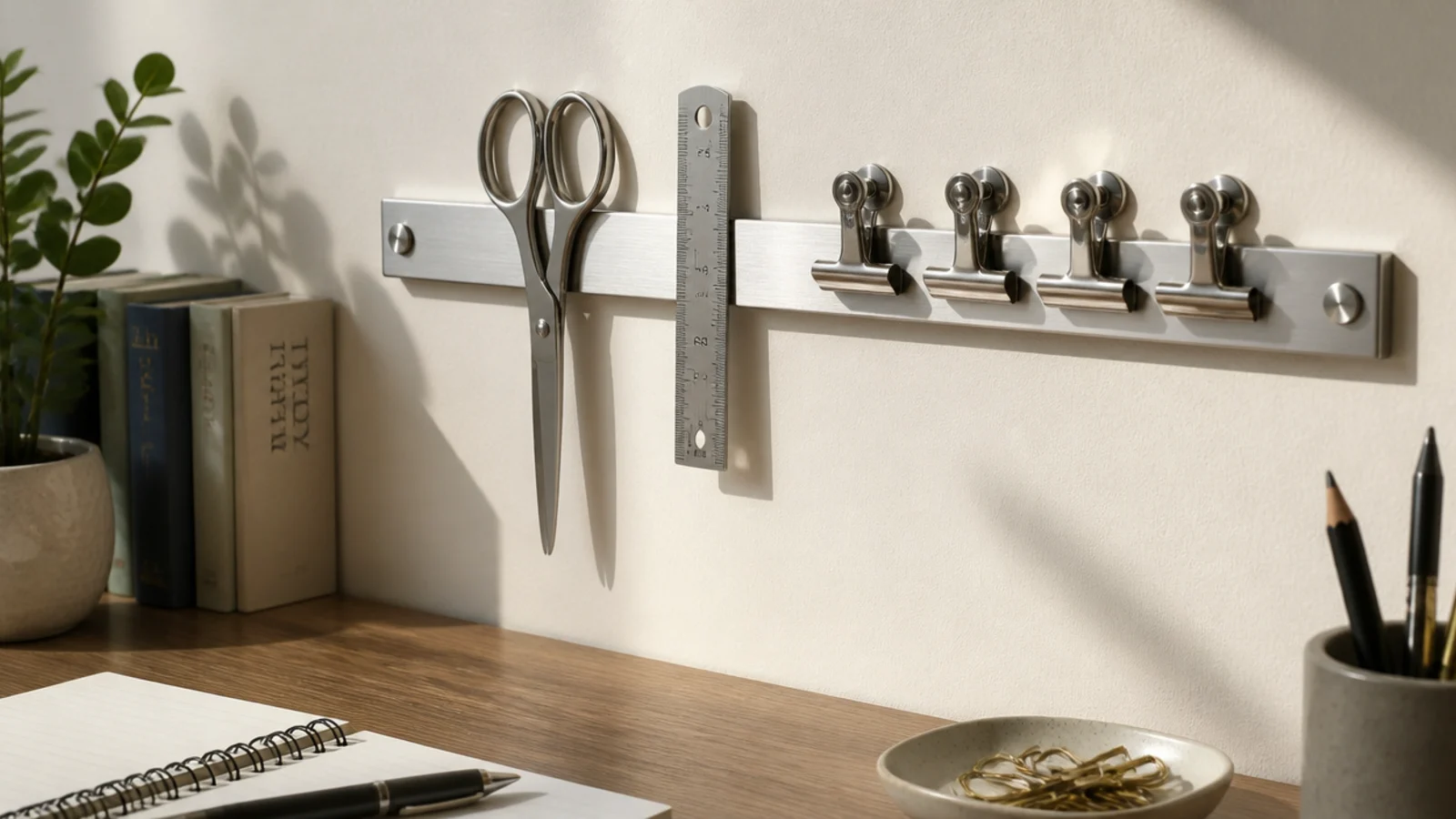 magnetic steel strip on a wall holding scissors clips and rulers